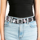 DC Round Logo Black/Silver Seatbelt Belt - Batgirl/Wonder Woman/Supergirl Retro Panels Black/Pink/White Webbing