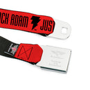 DC BLACK ADAM Title Logo Full Color Black/White Seatbelt Belt - Black Adam JUSTICE SOCIETY Icons and Text Red/Black Webbing