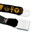 BLACK ADAM Title Logo Full Color Black/Yellows Seatbelt Belt - Black Adam Justice Society Icons Black/Orange Webbing