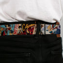 DC COMICS BOMBSHELLS Rays Full Color Black Gray Orange-Red Fade Seatbelt Belt - 8-DC Bombshell Comic Book Covers Stacked Webbing