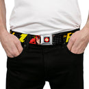 Flash Logo Full Color Black Seatbelt Belt - THE FLASH Running Action Pose/Lightning Bolt Halftone Dots Black/Grays/Yellows Webbing