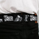 Joker Smiling Full Color Black/Grays/White Seatbelt Belt - THE JOKER Smiling/Wine Glass Poses HA! HA! Black/Grays/White Webbing