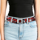 Harley Quinn Diamond Full Color Black Red Seatbelt Belt - HARLEY QUINN Poses/Comic Book Scenes Reds/Black Webbing