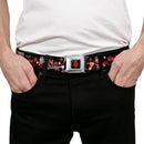 Harley Quinn Diamond Full Color Black Red Seatbelt Belt - BATMAN ARKHAM KNIGHT Logo HARLEY QUINN Bat Poses Diamonds/Bats/Kisses Black/Reds/White Webbing