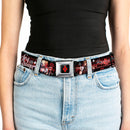 Harley Quinn Diamond Full Color Black Red Seatbelt Belt - BATMAN ARKHAM KNIGHT Logo HARLEY QUINN Bat Poses Diamonds/Bats/Kisses Black/Reds/White Webbing