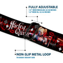 Harley Quinn Diamond Full Color Black Red Seatbelt Belt - BATMAN ARKHAM KNIGHT Logo HARLEY QUINN Bat Poses Diamonds/Bats/Kisses Black/Reds/White Webbing