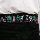 HAHA Stacked Full Color Black Gray Green Seatbelt Belt - The Joker 4-Poses/Joker Card HAHA/Smile/BANG! Grays/Greens/Purples Webbing