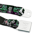 HAHA Stacked Full Color Black Gray Green Seatbelt Belt - The Joker 4-Poses/Joker Card HAHA/Smile/BANG! Grays/Greens/Purples Webbing