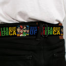 JUSTICE LEAGUE OF AMERICA Badge Black/White/Red/Blue Seatbelt Belt - JUSTICE LEAGUE OF AMERICA w/Superhero Blocks Black/Multi Color Webbing