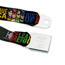 JUSTICE LEAGUE OF AMERICA Badge Black/White/Red/Blue Seatbelt Belt - JUSTICE LEAGUE OF AMERICA w/Superhero Blocks Black/Multi Color Webbing