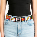 JUSTICE LEAGUE Shield Full Color Black/White/Red Seatbelt Belt - Justice League 5-Superhero Textured Logo CLOSE-UP Blocks Webbing
