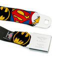 JUSTICE LEAGUE Shield Full Color Black/White/Red Seatbelt Belt - Justice League 5-Superhero Textured Logo CLOSE-UP Blocks Webbing