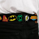 Justice League Shield Full Color Black Blue Red Yellow Seatbelt Belt - Justice League Superhero Logos CLOSE-UP Black Webbing