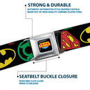 Justice League Shield Full Color Black Blue Red Yellow Seatbelt Belt - Justice League Superhero Logos CLOSE-UP Black Webbing