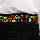 JLA-JUSTICE LEAGUE OF AMERICA Logo Full Color Black Gold Red Seatbelt Belt - Justice League 6-Superhero Logos Collage Black Webbing