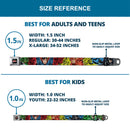 JUSTICE LEAGUE Star Logo Full Color Black Silver-Fade Red Seatbelt Belt - Justice League New 52 4-Superhero Poses/Scattered Logos Multi Color/Black Webbing