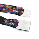 JUSTICE LEAGUE Star Logo Full Color Black Silver-Fade Red Seatbelt Belt - JUSTICE LEAGUE-IT'S TIME FOR JUSTICE 4-Superhero Pose Blocks Collage Purples/Blues Webbing