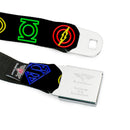 JL-Batman Superman Green Lantern Flash Electric Logos Full Color Black White Multi Neon Seatbelt Belt - Justice League Electric Logos Black/Multi Neon Webbing