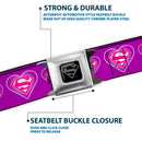 Superman Black Silver Seatbelt Belt - Superman Logo in Heart Purple/White/Pink Webbing