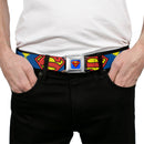 Superman Full Color Blue Seatbelt Belt - Jagged Superman Shield CLOSE-UP Yellow/Blue/Red Webbing