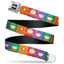 SOUTH PARK Title Logo Full Color Black/White Seatbelt Belt - South Park Boys Pose Blocks Multi Color Webbing