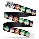 SOUTH PARK Title Logo Full Color Black/White Seatbelt Belt - South Park Boys Face Repeat Black Webbing