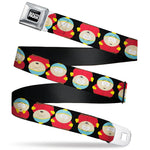 SOUTH PARK Title Logo Full Color Black/White Seatbelt Belt - South Park Cartman Flip Poses Black Webbing