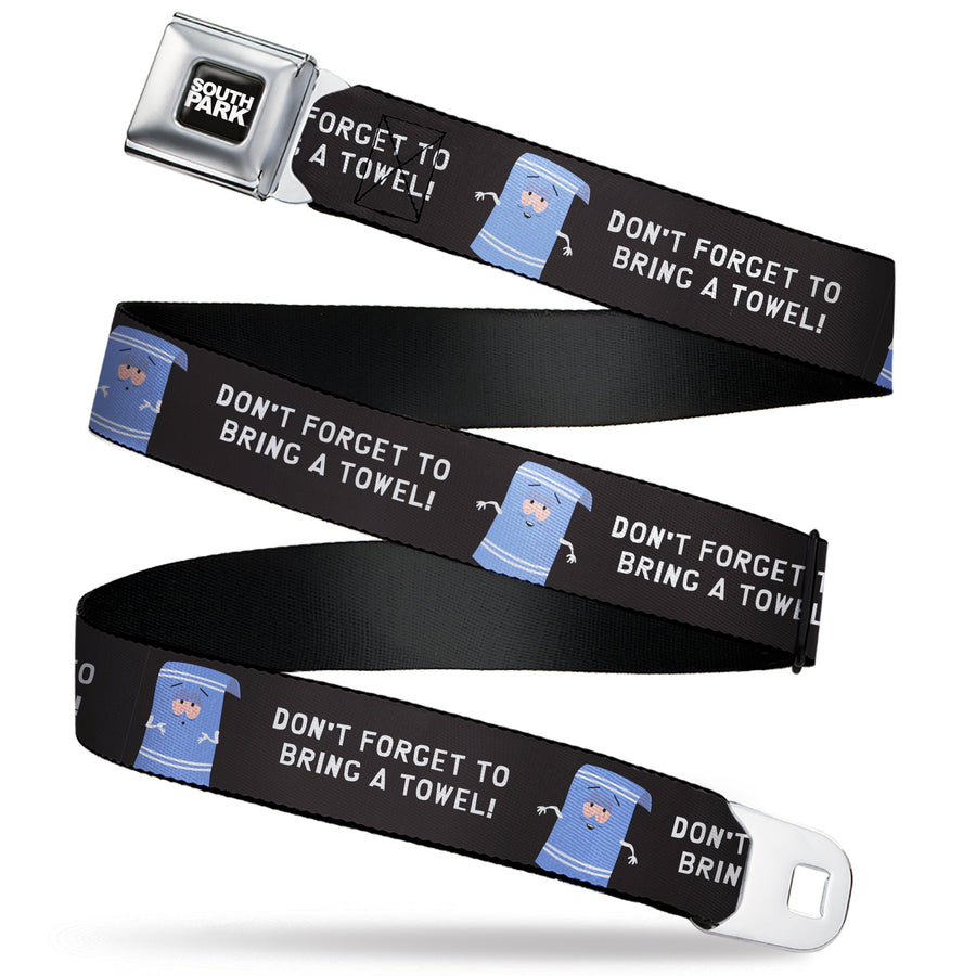 SOUTH PARK Title Logo Full Color Black/White Seatbelt Belt - South Park Towlie DON’T FORGET TO BRING A TOWEL Pose Black Webbing