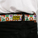 SOUTH PARK Title Logo Full Color Black/Yellow Seatbelt Belt - SOUTH PARK Title Logo and Characters Scattered White Webbing
