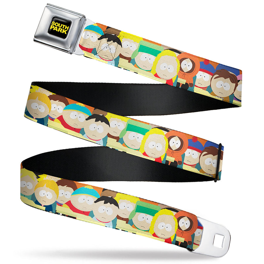 SOUTH PARK Title Logo Full Color Black/Yellow Seatbelt Belt - South Park School Kids Faces Stacked Webbing