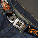 GREMLINS 1984 Title Logo Full Color Black/Blue/Orange Seatbelt Belt - GREMLINS 1984 Gizmo Face Close-Up Black Webbing