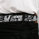 Wonder Woman Logo Reverse Brushed Seatbelt Belt - WONDER WOMAN Action Pose/Text Collage Black/White/Grays Webbing
