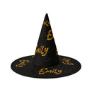 Personalized Halloween Witch Hat with Name Repeated All Over - Custom Name in Gold Dripping Font on All-Black Quilted Witch Hat for Adults and Teens
