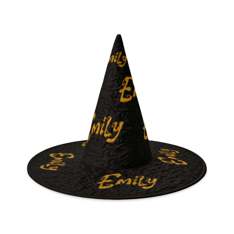 Personalized Halloween Witch Hat with Name Repeated All Over - Custom Name in Gold Dripping Font on All-Black Quilted Witch Hat for Adults and Teens