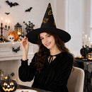 Personalized Halloween Witch Hat with Name Repeated All Over - Custom Name in Gold Dripping Font on All-Black Quilted Witch Hat for Adults and Teens