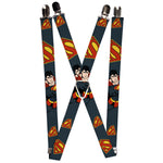 Suspenders - 1.0" - Superman Action Pose Scattered Shield Navy Gold Red