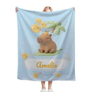 Personalized Kawaii Capybara Blanket | Custom Name | Palm Tree Blue Tropical Fleece Throw Gift