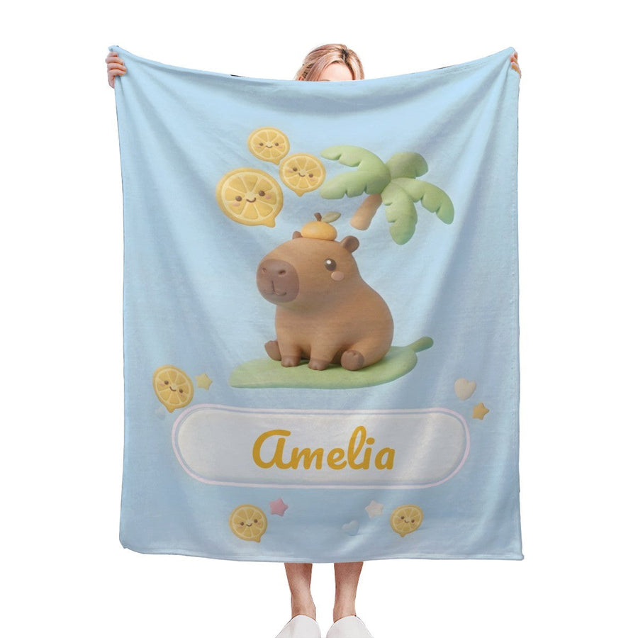 Personalized Kawaii Capybara Blanket | Custom Name | Palm Tree Blue Tropical Fleece Throw Gift