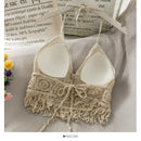 Women Crop Top – Retro Tassel Spaghetti Strap Hollow Halter Neck Top