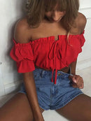 Women Crop Top – Summer Lantern Sleeve Strapless Ruched Beach Top