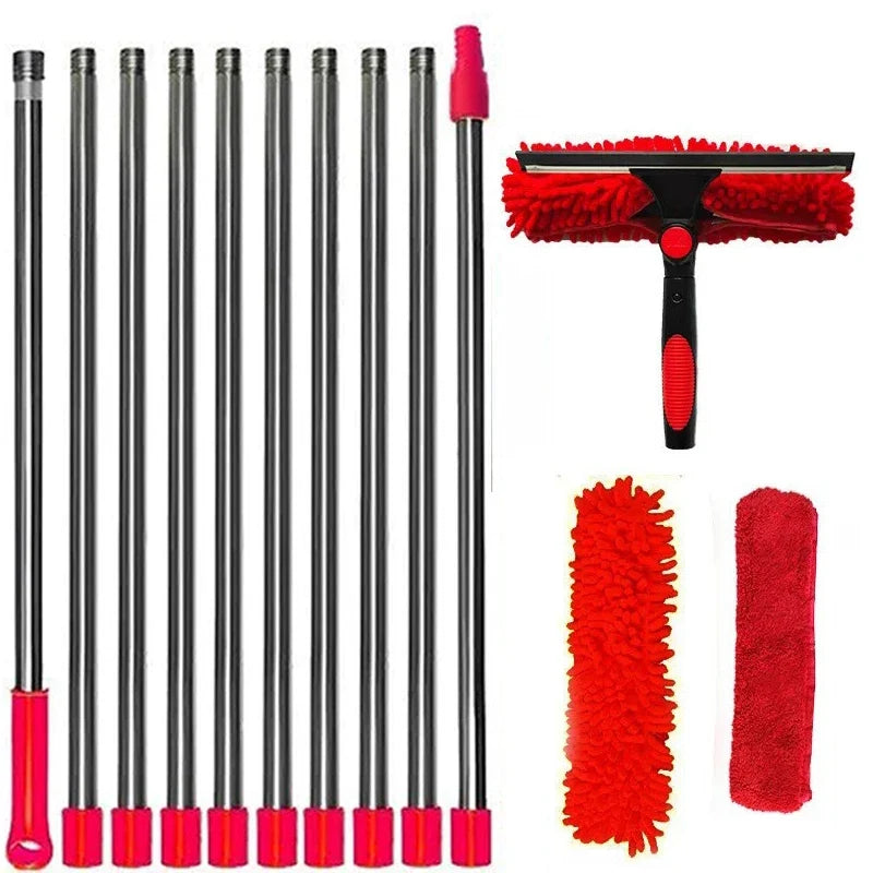 100-420CM Extended Window Cleaning Kit 2 in 1 Double Sided Glass Squeegee Cleaner Duster Mop 180° Swivel Window Cleaning Tools