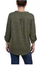 Ny Collection Womens 3/4 Roll Tab Sleeve Y-Neck Top, Large