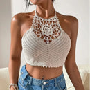 Women Crop Top – Retro Tassel Spaghetti Strap Hollow Halter Neck Top
