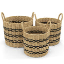 Seagrass Basket Set of 3 Stackable Storage Bins with Handles Woven Round Basket
