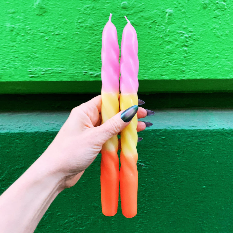 Set of 2 Taper Candle in Pink Yellow Orange | Aesthetic Retro Spiral Ombre Dinner Candlesticks | Gift for Her
