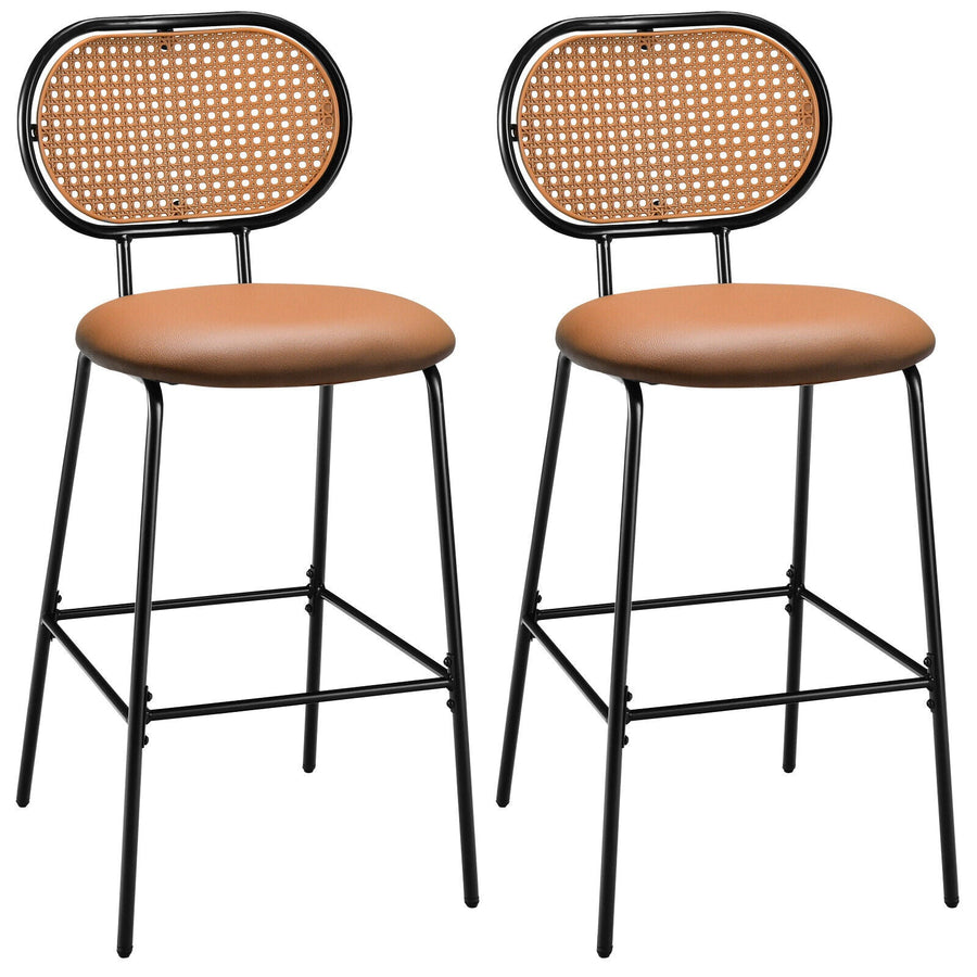 29.5 Inch Modern Faux Leather Bar Stools with Imitation Rattan Woven Backrest