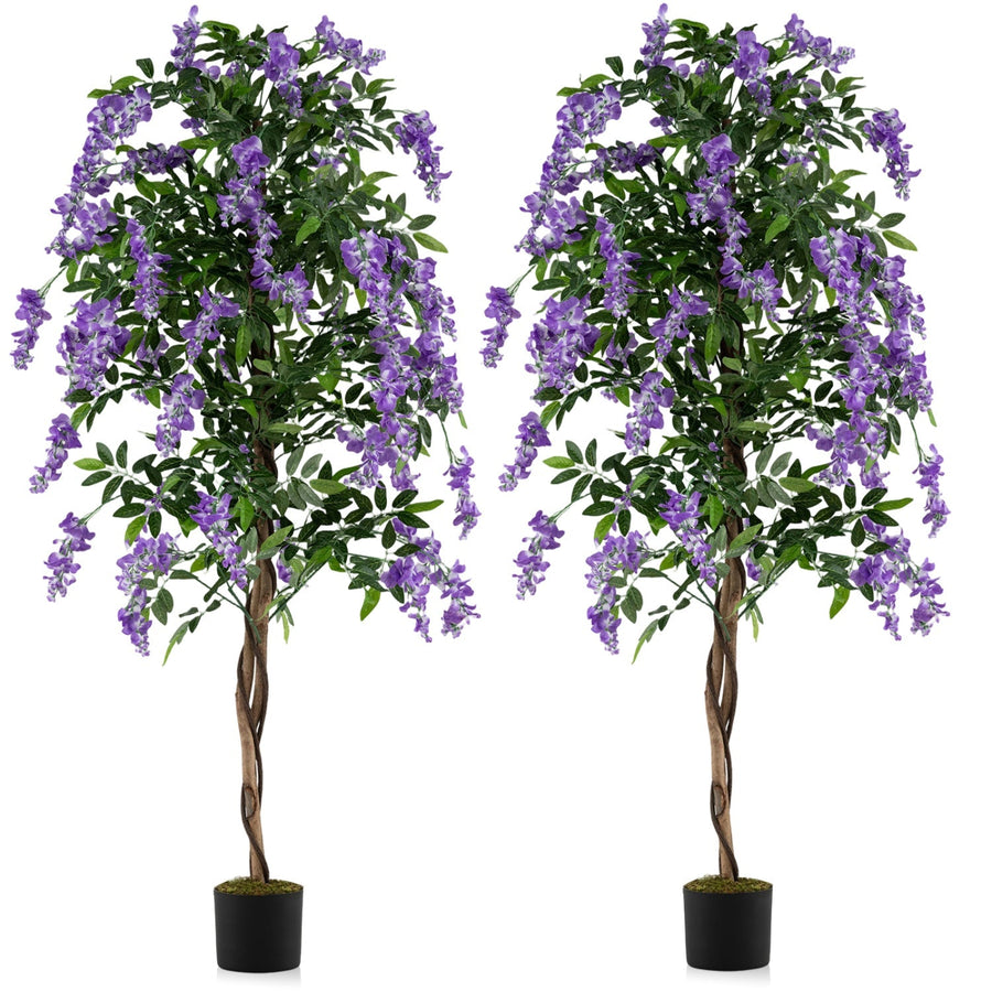 Set of 2 Fake Ficus Plant 6 FT Artificial Wisteria Tree with Natural Trunks and Purple Lifelike Flowers
