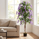 Set of 2 Fake Ficus Plant 6 FT Artificial Wisteria Tree with Natural Trunks and Purple Lifelike Flowers
