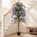 Set of 2 Fake Ficus Plant 6 FT Artificial Wisteria Tree with Natural Trunks and Purple Lifelike Flowers