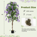 Set of 2 Fake Ficus Plant 6 FT Artificial Wisteria Tree with Natural Trunks and Purple Lifelike Flowers